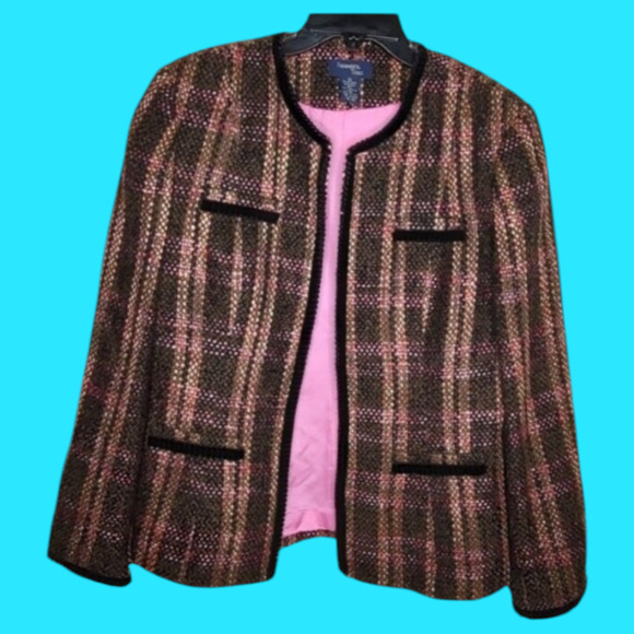Fundamental Things Brown Pink Plaid Sz 12 Tweed like Jacket Work Church Blazer - Picture 1 of 10
